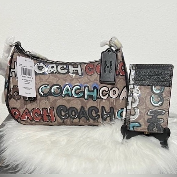 NWT COACH Teri Shoulder Bag CM096 x Mint + Serf & Zip Card Case Graffiti Print - Picture 1 of 12